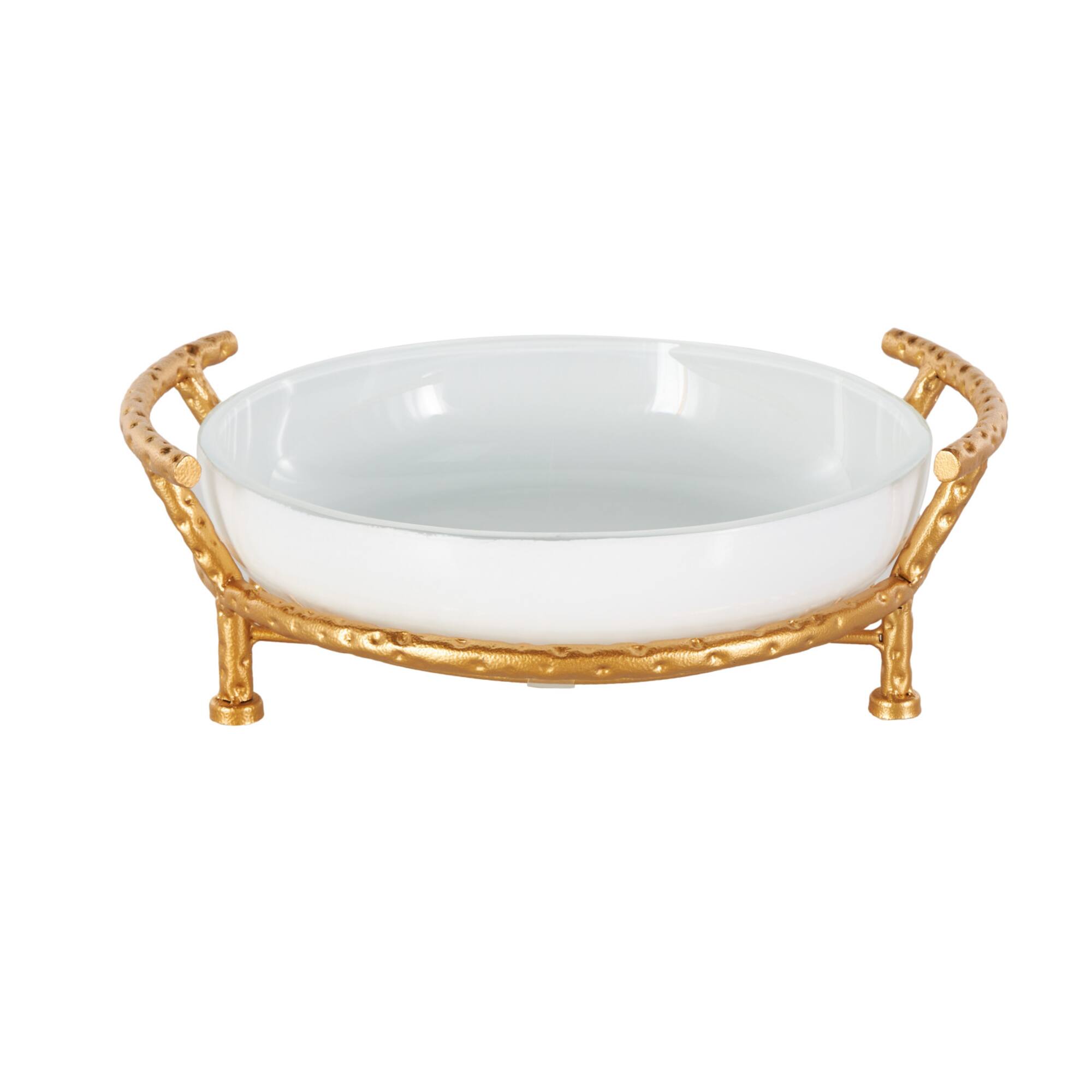14.5" White Tempered Glass Kitchen Serving Bowl with Gold Metal Stand